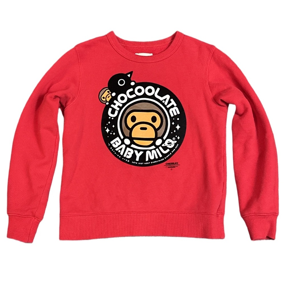 BAPE (BABY MILO) X CHOCOOLATE unisex red milo graphic crewneck, XXS.